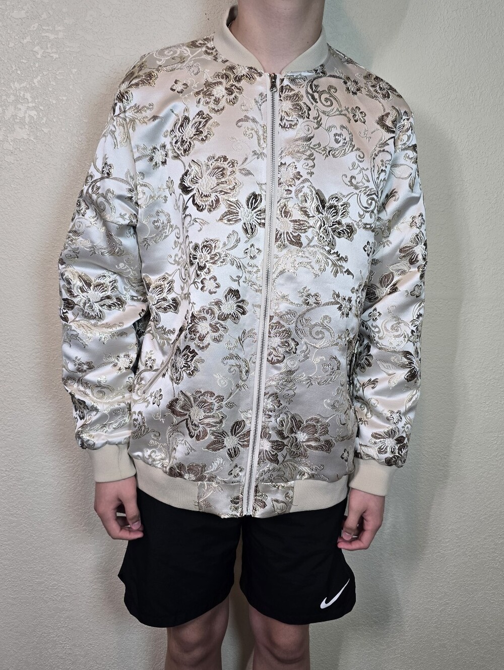JOGAL Men's Paisley Floral Embroidered Satin Bomber Jacket. Size xl , Slim Fit - Picture 2 of 12